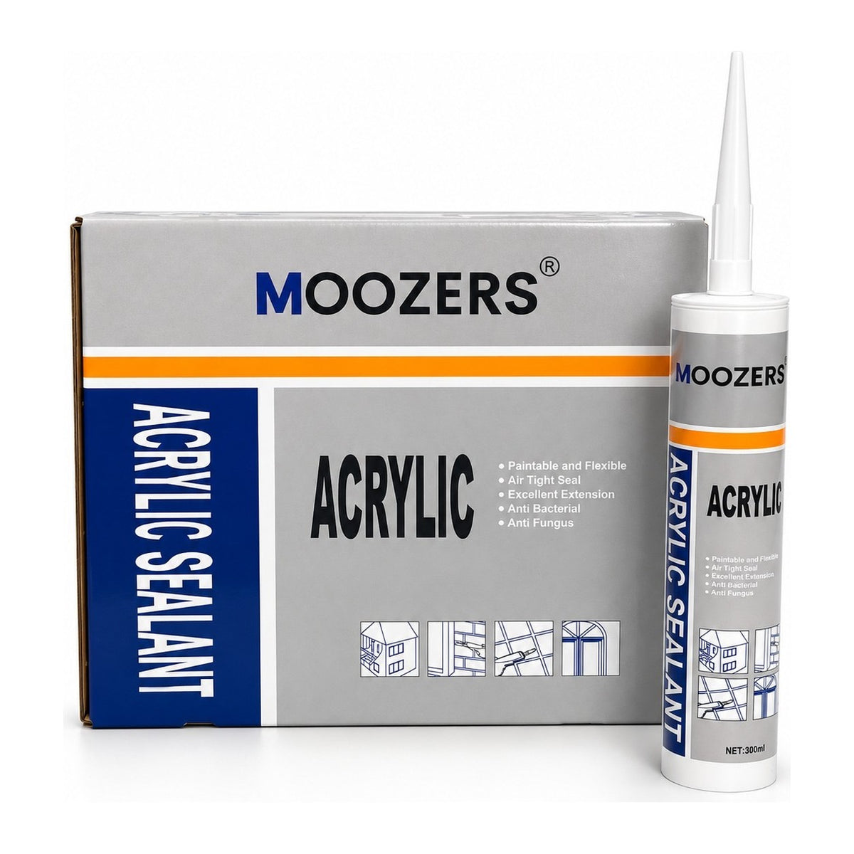 Doos met 24 kokers MOOZERS acrylaatkit wit van 300 ml