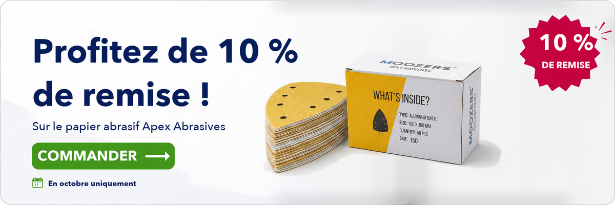 10 % de remise sur le papier abrasif Apex Abrasives MOOZERS